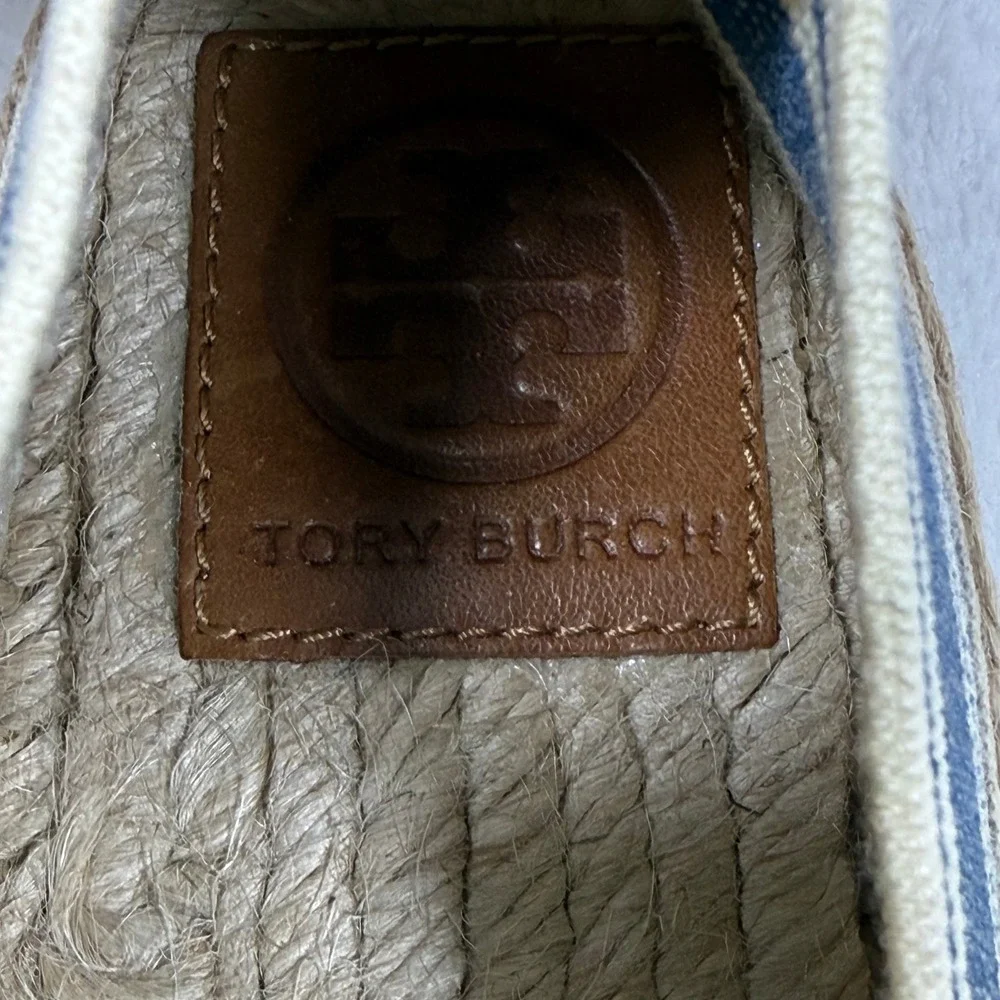 Tory Burch Striped Canvas Espadrille Flats Cream Blue Brown Slip On Shoes 9